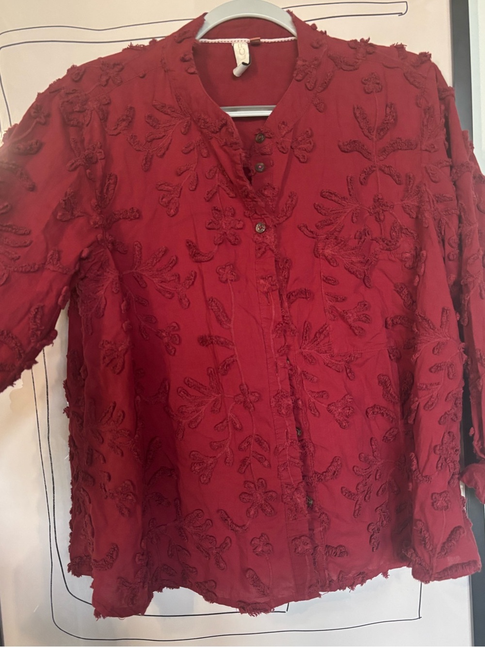 Anthropologie Women's Red Embroidered Button-Front Top
